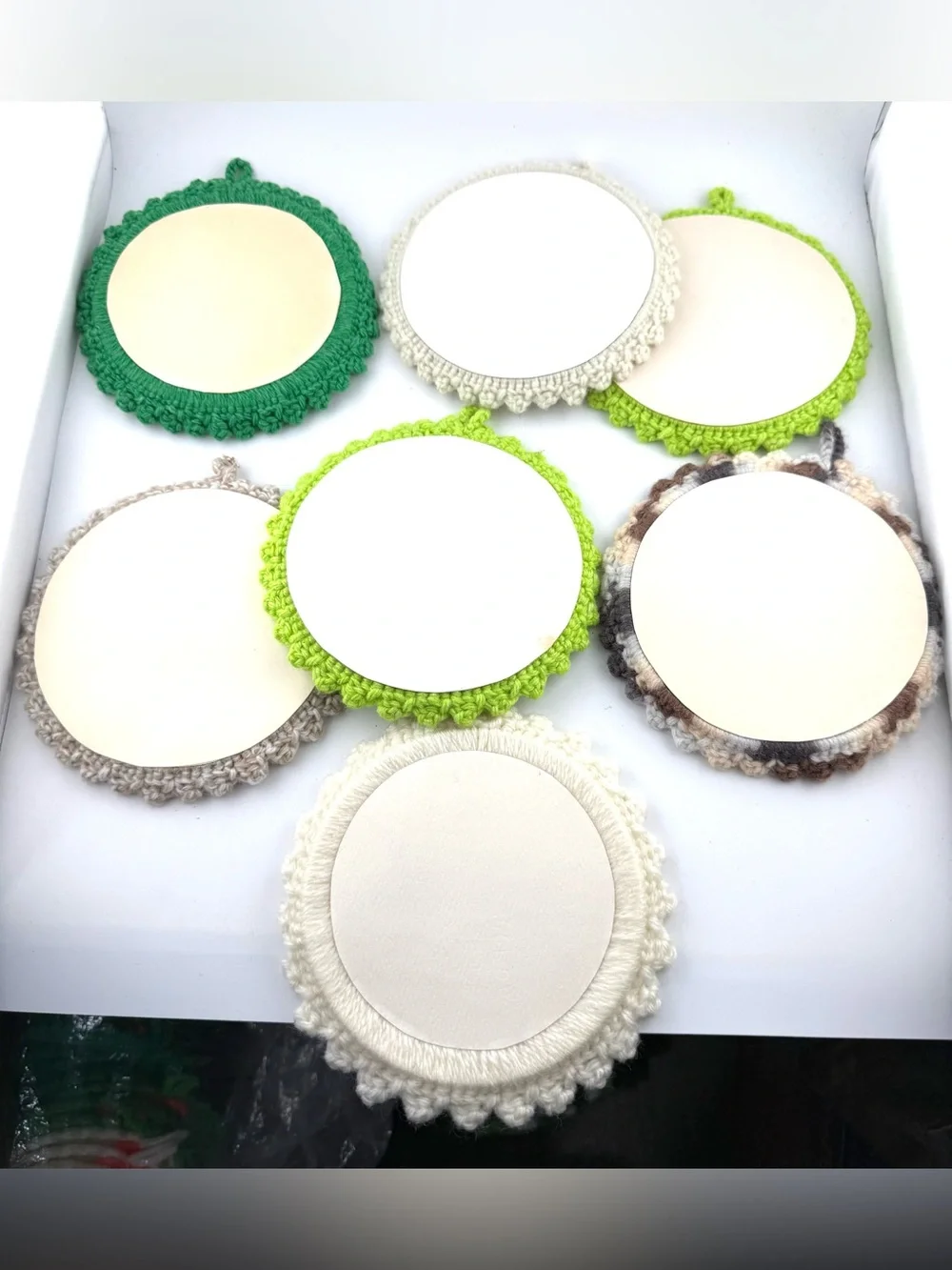 7 Vintage crochet-trimmed yarn frame Xmas ornaments